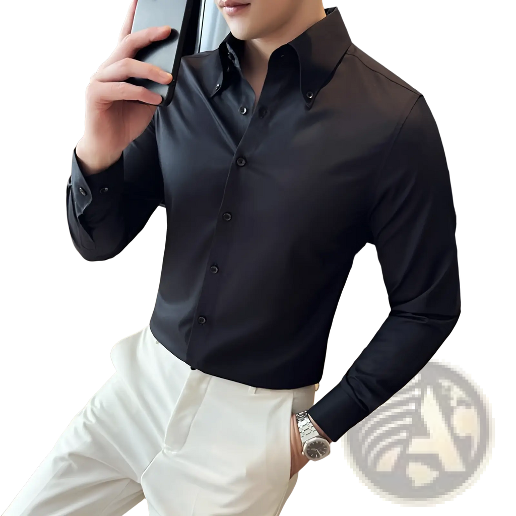 Men plus size black slim-fit non-iron dress shirt with crisp collar and subtle sheen for formal wear