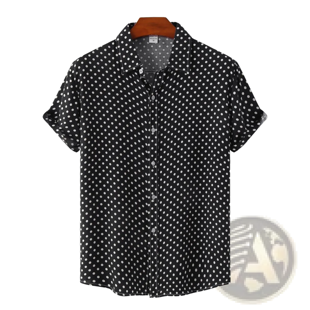 Men plus size black short-sleeved polka dot button-up shirt hanging on wooden hanger ideal for casual wear