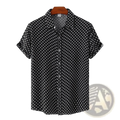 Men plus size black short-sleeved polka dot button-up shirt hanging on wooden hanger ideal for casual wear