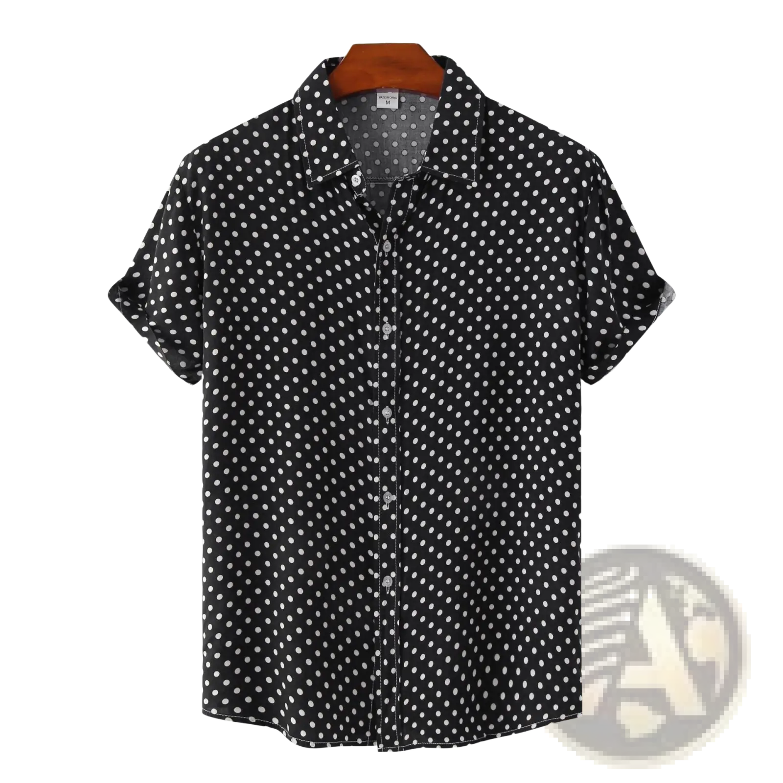 Men plus size black short-sleeved polka dot button-up shirt hanging on wooden hanger ideal for casual wear