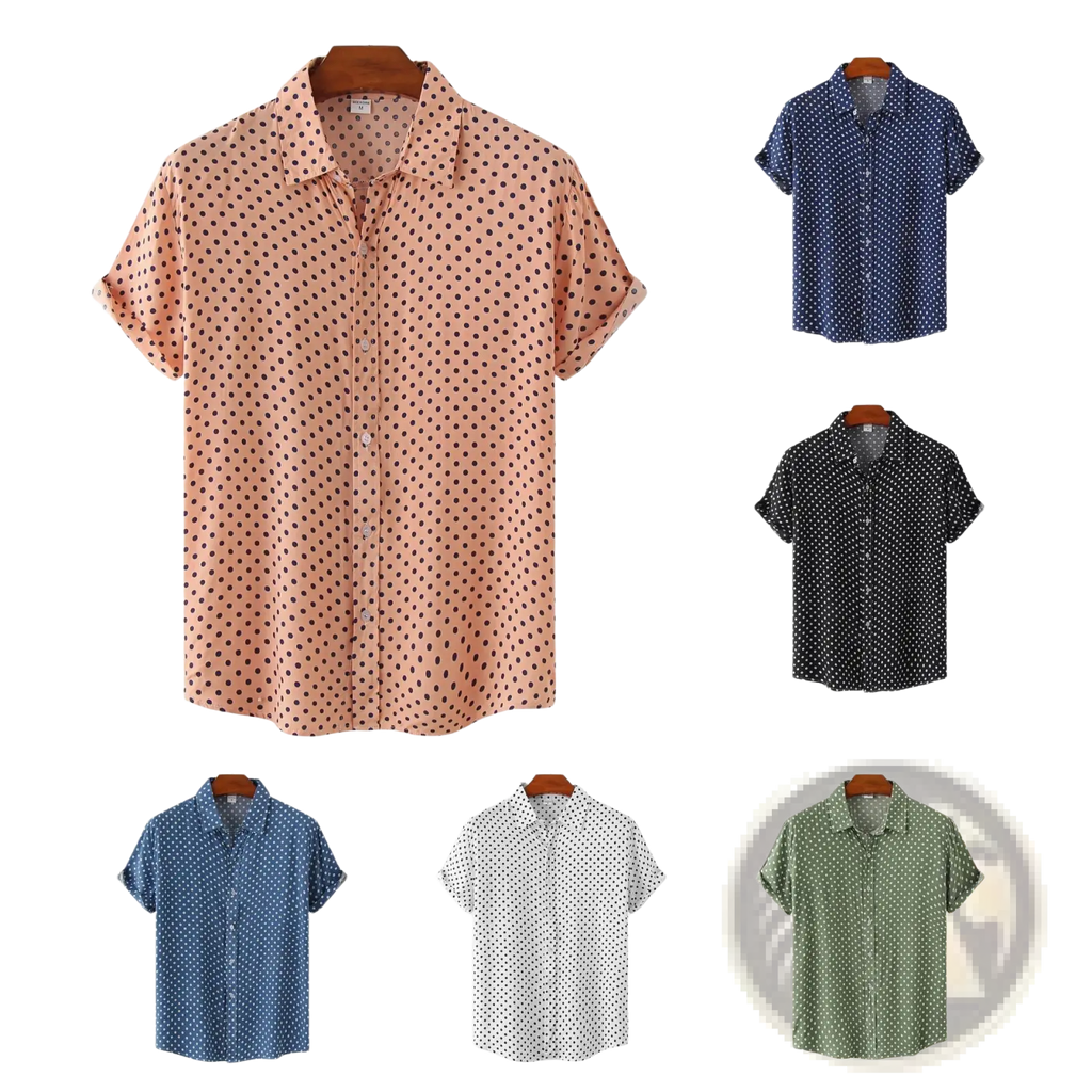 Men plus size peach short-sleeved button-up shirt with dark polka dot pattern made from lightweight fabric