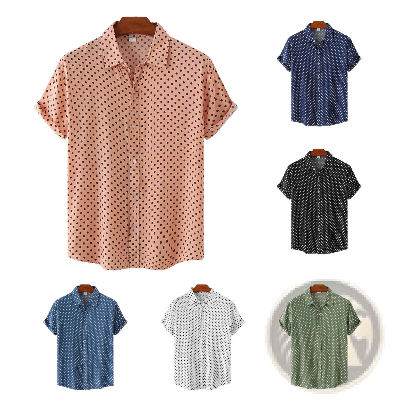 Men plus size peach short-sleeved button-up shirt with dark polka dot pattern made from lightweight fabric
