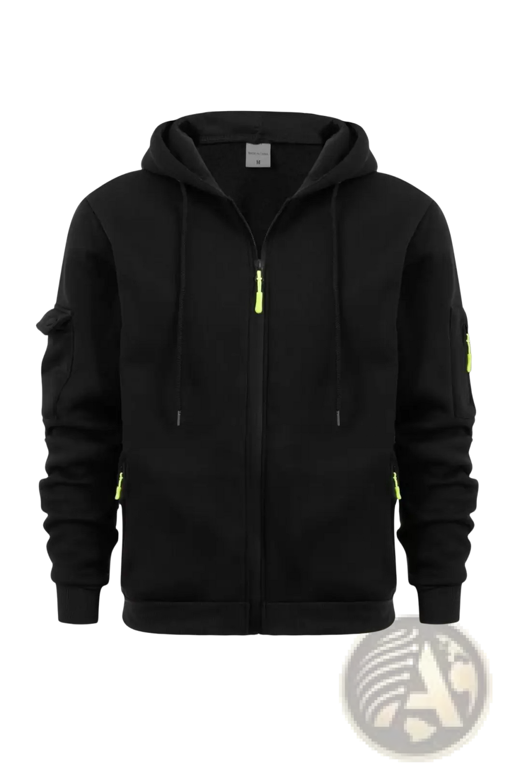 Men plus size black sports zip hoodie with neon yellow zipper pulls and sleeve accents for athletic wear