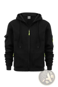 Men plus size black sports zip hoodie with neon yellow zipper pulls and sleeve accents for athletic wear