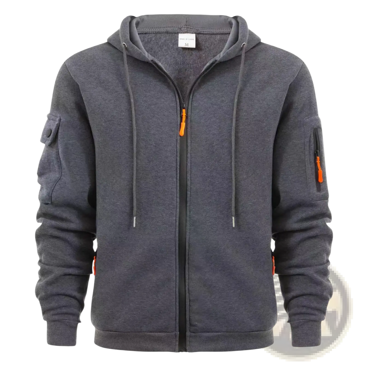 Men plus size sports zip hoodie in dark gray heathered fabric with orange zipper pulls and drawstrings