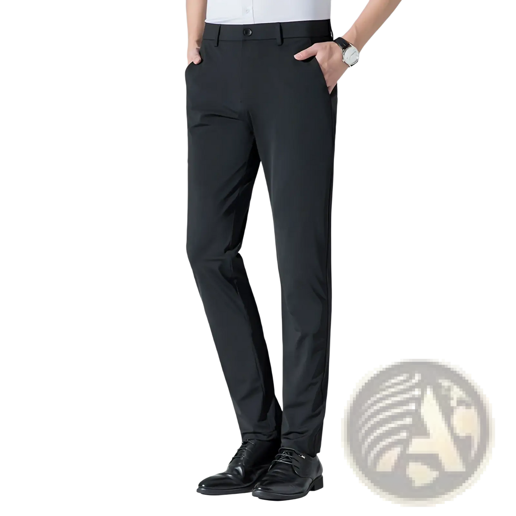 Men plus size black formal stretch trousers with a sleek straight-leg cut and subtle creases for casual wear