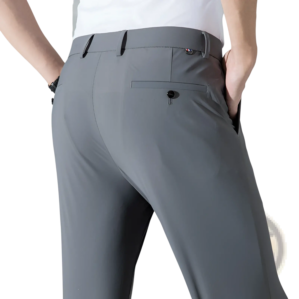 Men plus size stretch casual gray tailored trousers with sleek modern design and black button accents