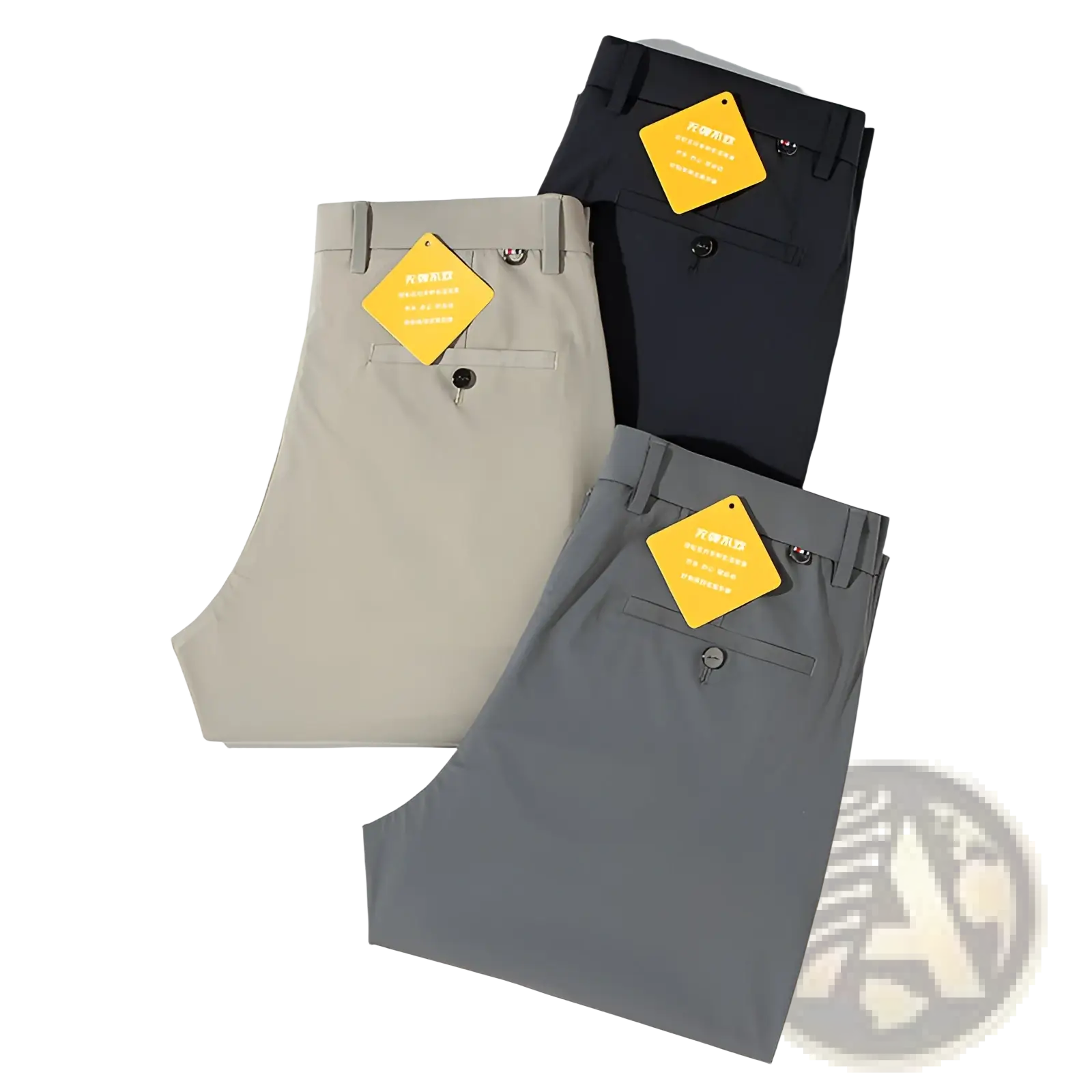 Men plus size stretch casual slim-fit chino pants in beige black and gray with yellow tags attached