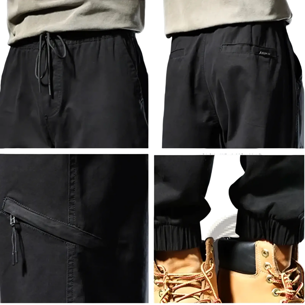 Men plus size black stretchy cargo joggers with drawstring waistband elastic cuffs and multiple pockets for comfort