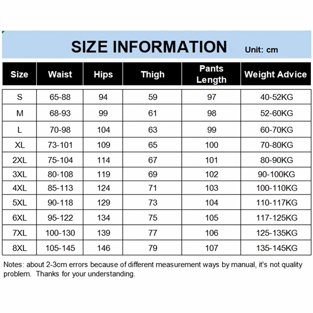 Size information chart in centimeters for men plus size stretchy cargo joggers from size s to 8xl