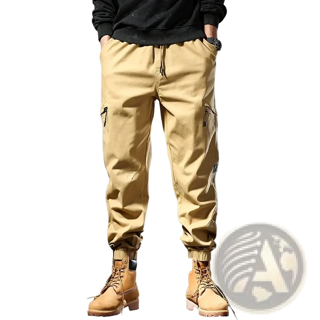 Beige men plus size stretchy cargo joggers with durable fabric drawstring waist and elastic cuffs