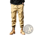 Beige men plus size stretchy cargo joggers with durable fabric drawstring waist and elastic cuffs