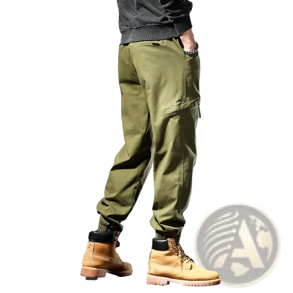 Men plus size olive green stretchy cargo joggers with multiple pockets and drawstring waistband for comfort