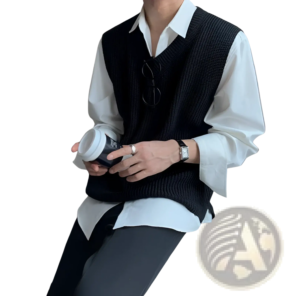 Men plus size black ribbed knit v neck sweater vest worn over a white button down shirt for layering