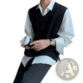Men plus size black ribbed knit v neck sweater vest worn over a white button down shirt for layering
