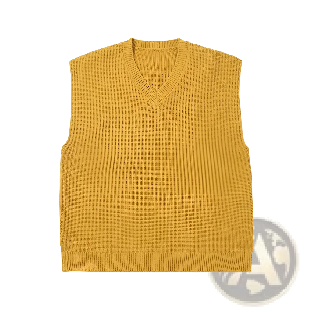 Men plus size mustard yellow ribbed knit sleeveless sweater vest with v neck design
