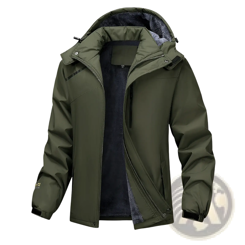 Men plus size warm winter hooded jacket in olive green with waterproof fabric, detachable plush fleece-lined hood, and reinforced stitching