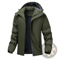 Men plus size warm winter hooded jacket in olive green with waterproof fabric, detachable plush fleece-lined hood, and reinforced stitching