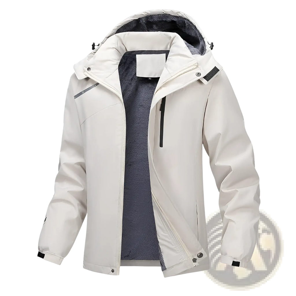 Men plus size warm winter hooded jacket in beige waterproof fabric with detachable dark gray fleece-lined hood and black zippers