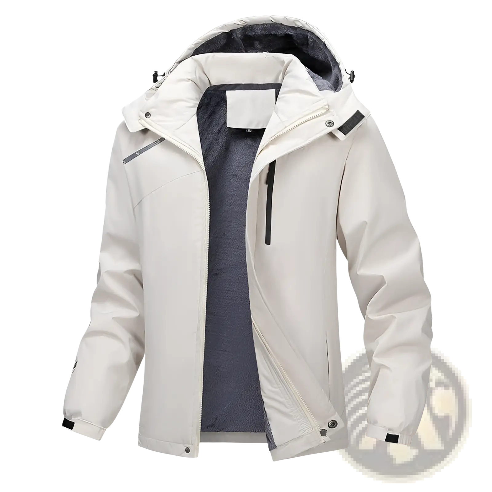Men plus size warm winter hooded jacket in beige waterproof fabric with detachable dark gray fleece-lined hood and black zippers
