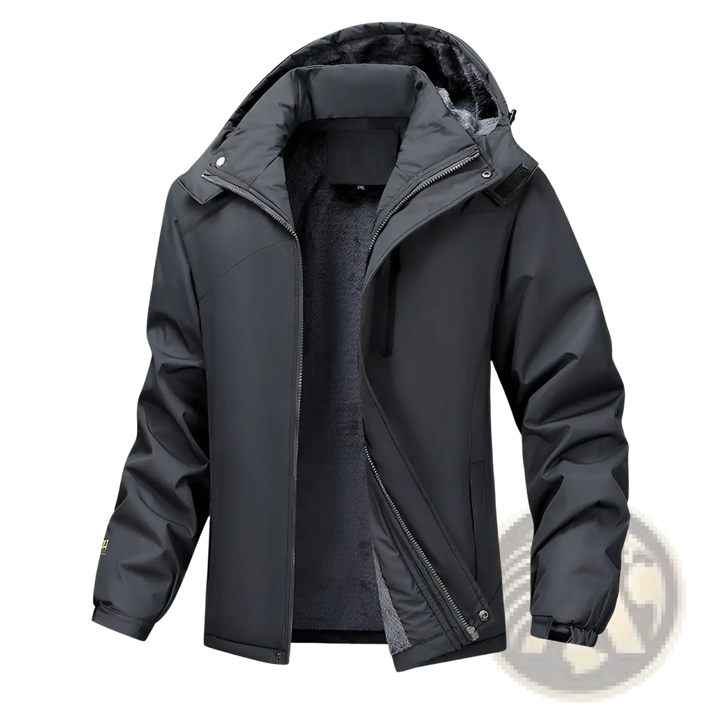 Men plus size warm winter hooded jacket black waterproof with detachable plush gray fleece-lined hood and reinforced stitching