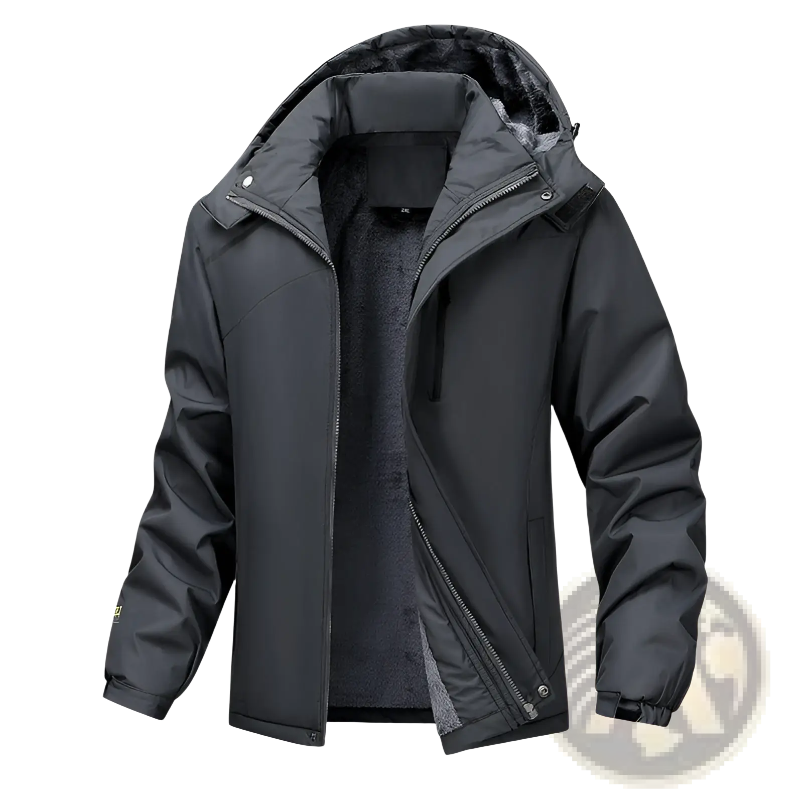 Men plus size warm winter hooded jacket black waterproof with detachable plush gray fleece-lined hood and reinforced stitching