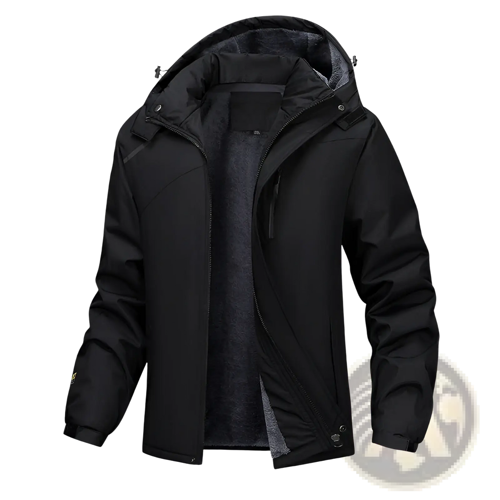 Men plus size warm winter hooded jacket in black waterproof fabric with detachable hood and plush gray fleece lining