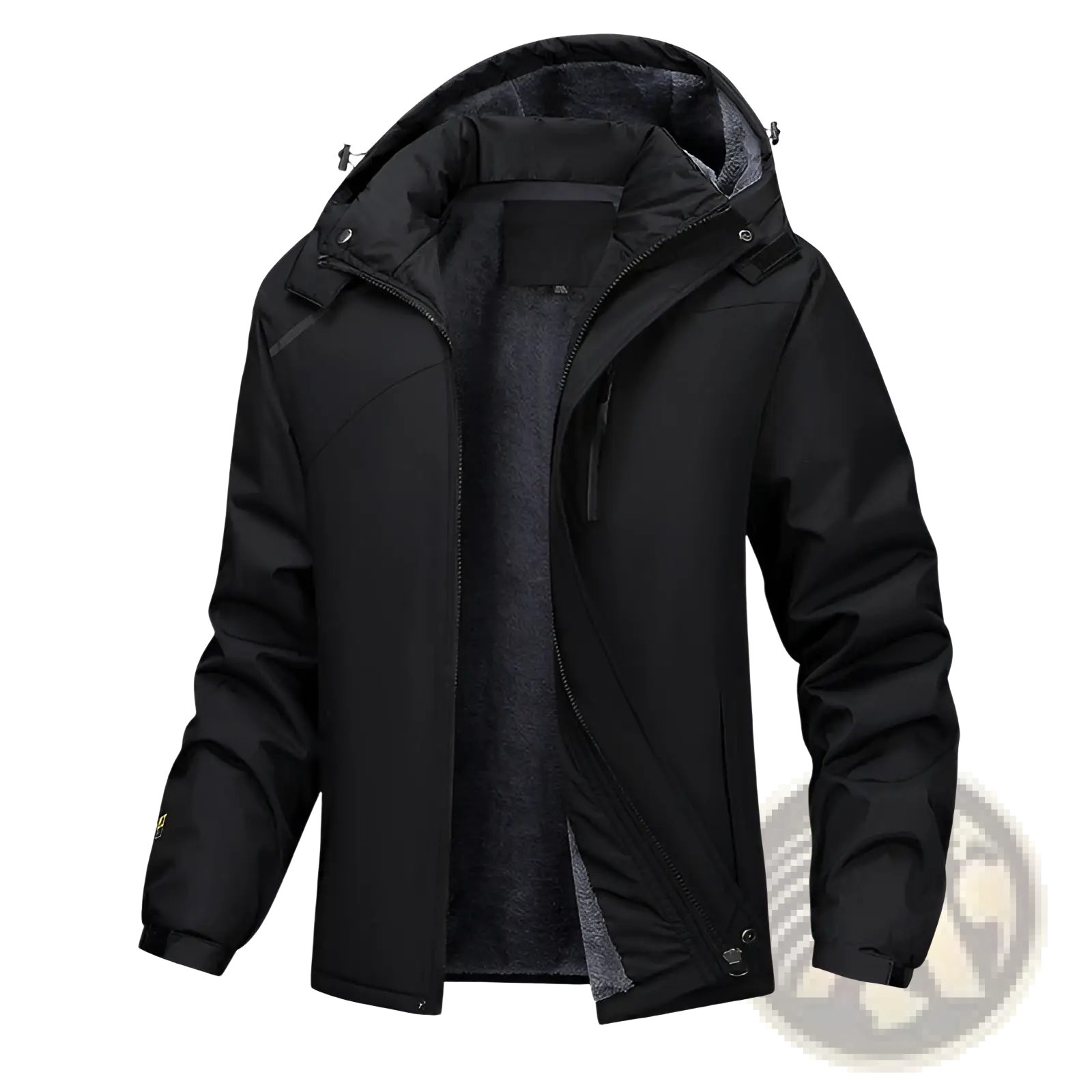 Men plus size warm winter hooded jacket in black waterproof fabric with detachable hood and plush gray fleece lining