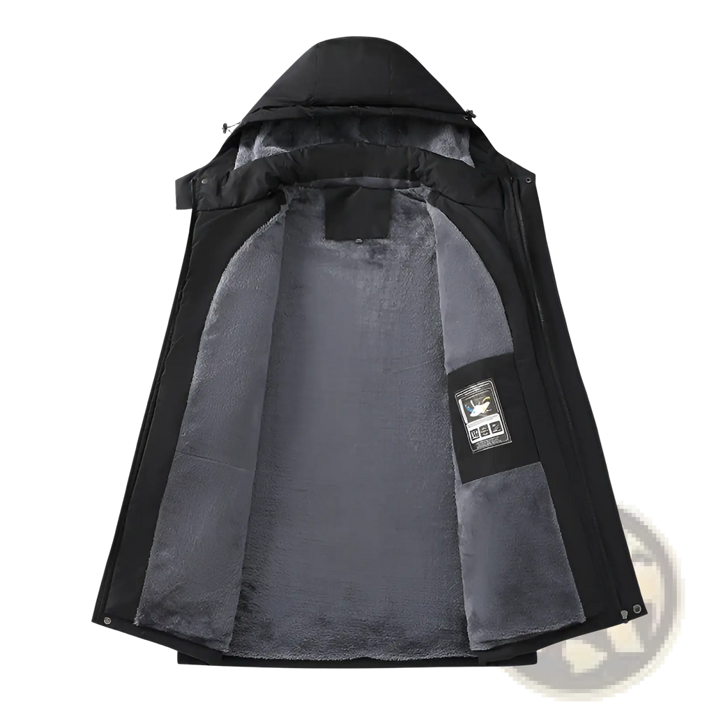 Men plus size warm winter hooded jacket in black with plush gray fleece lining and a small branded patch on the left side
