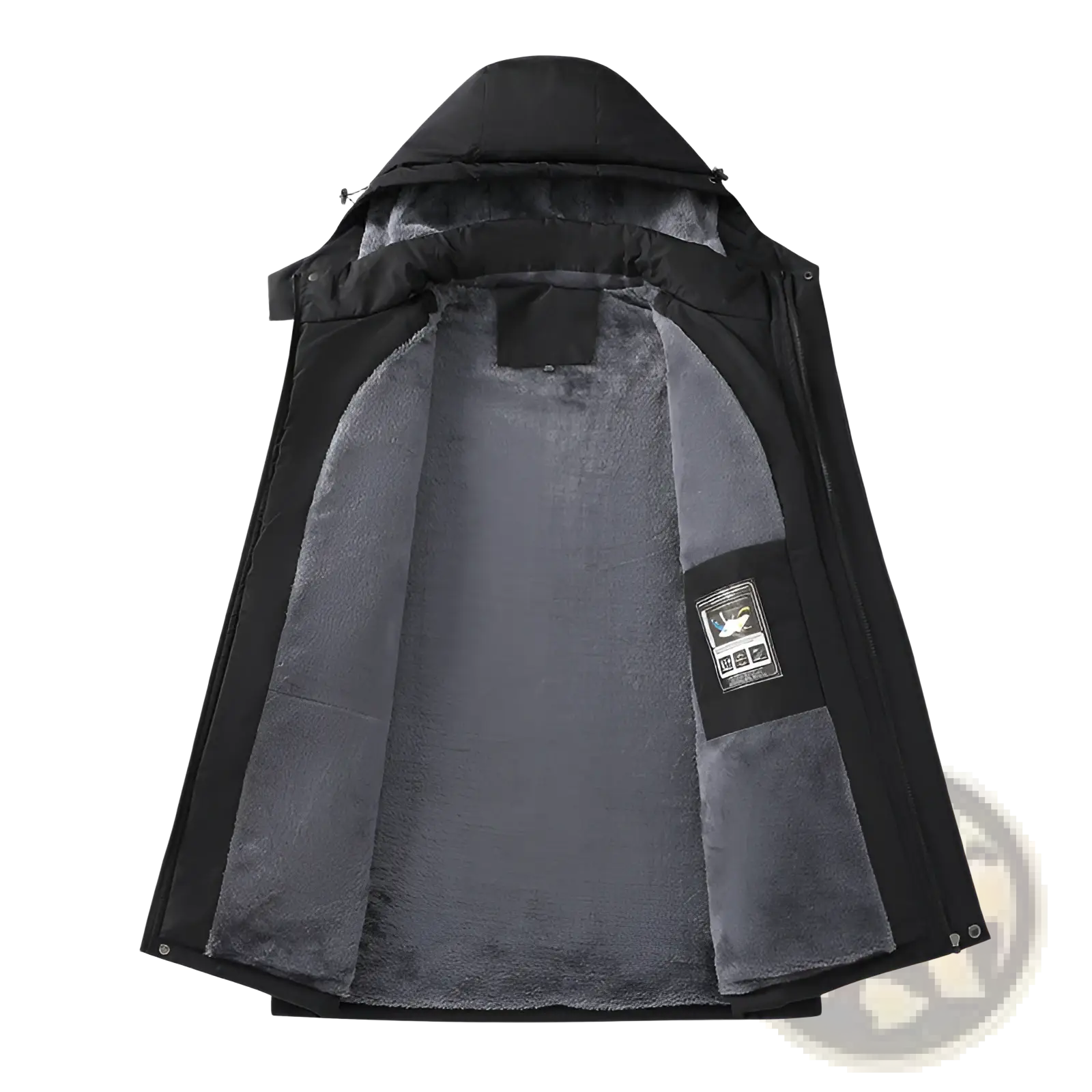 Men plus size warm winter hooded jacket in black with plush gray fleece lining and a small branded patch on the left side