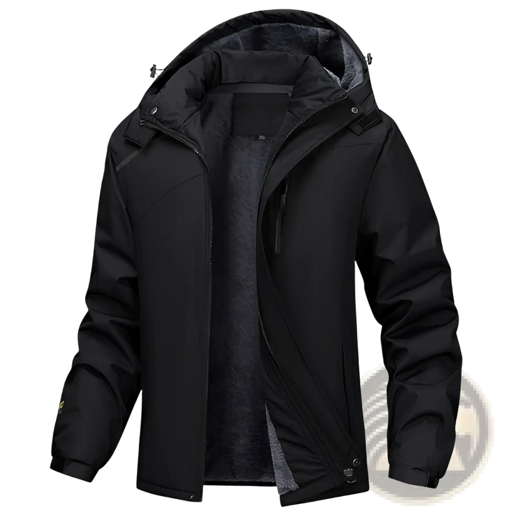 Men plus size black hooded winter jacket with plush gray fleece lining and water-resistant outer shell for cold weather
