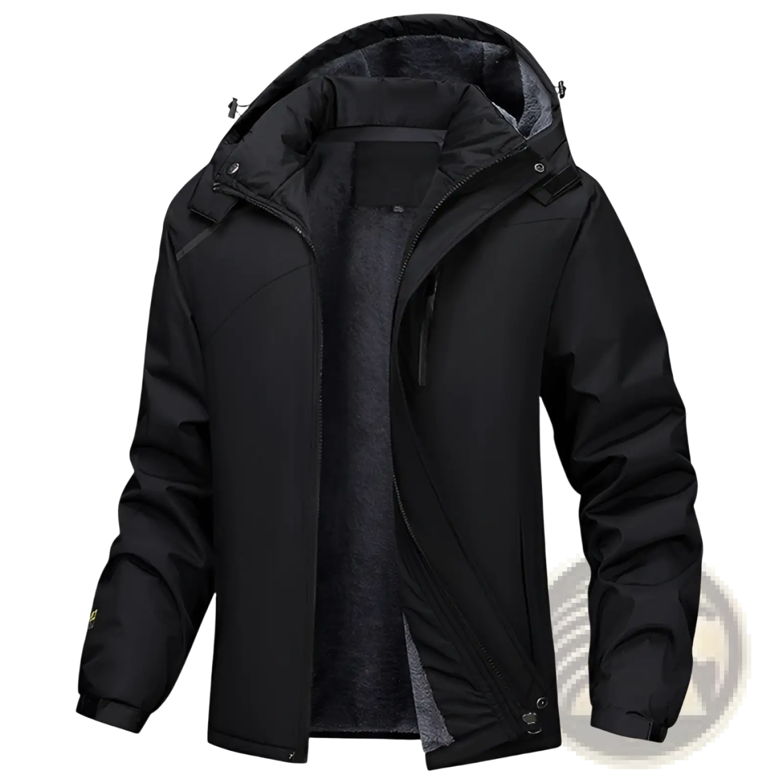 Men plus size black hooded winter jacket with plush gray fleece lining and water-resistant outer shell for cold weather
