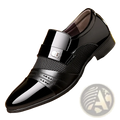 Black patent leather men pointed toe oxford slip on dress shoe with glossy finish textured mesh panel and silver buckle strap