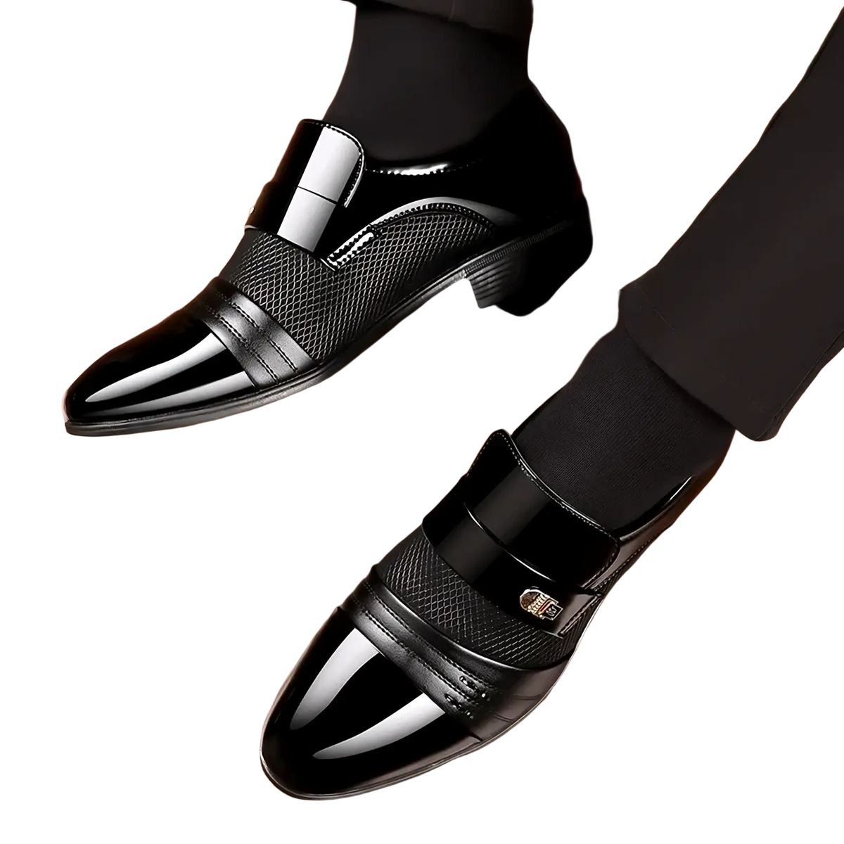 Men pointed toe leather oxford slip on dress shoes black patent leather mesh with glossy toe cap and metallic buckles