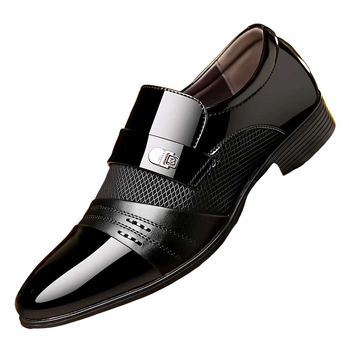 Black patent leather men pointed toe oxford slip on dress shoe with glossy finish textured mesh panel and silver buckle strap