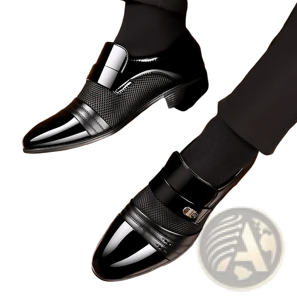 Men pointed toe leather oxford slip on dress shoes black patent leather mesh with glossy toe cap and metallic buckles