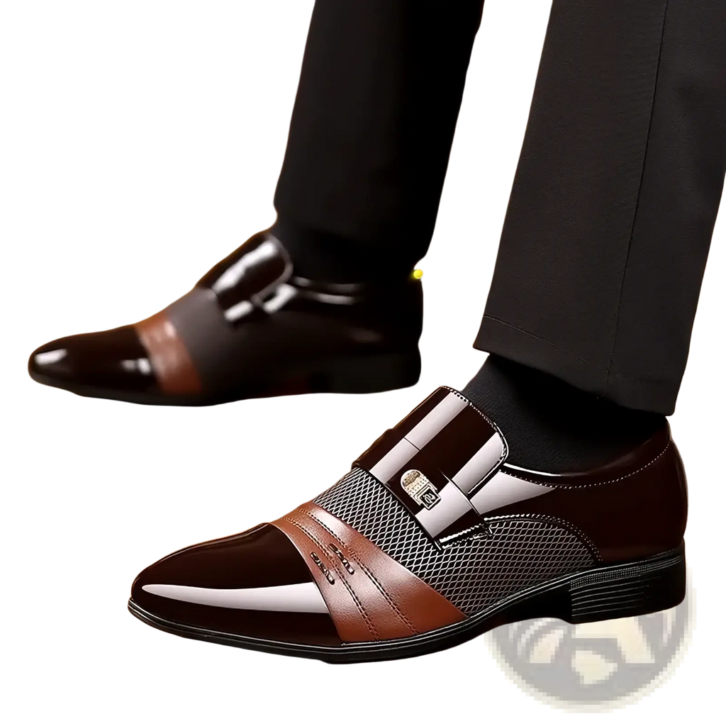 Men pointed toe leather oxford slip on dress shoes in brown and white patent leather with mesh panel and silver buckle