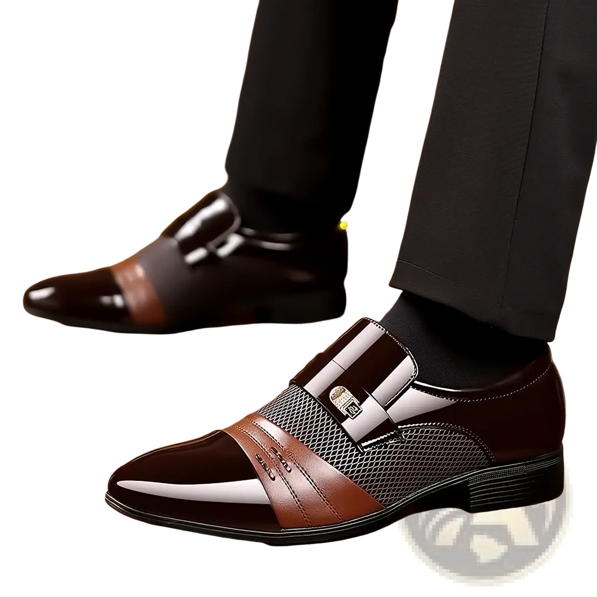 Men pointed toe leather oxford slip on dress shoes in brown and white patent leather with mesh panel and silver buckle