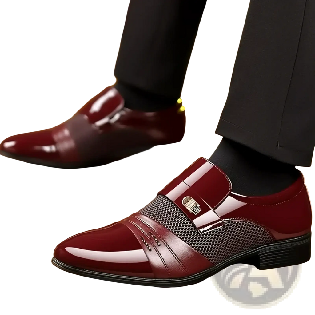 Men pointed toe leather oxford slip on dress shoes in burgundy patent leather with mesh panel and silver buckle detail