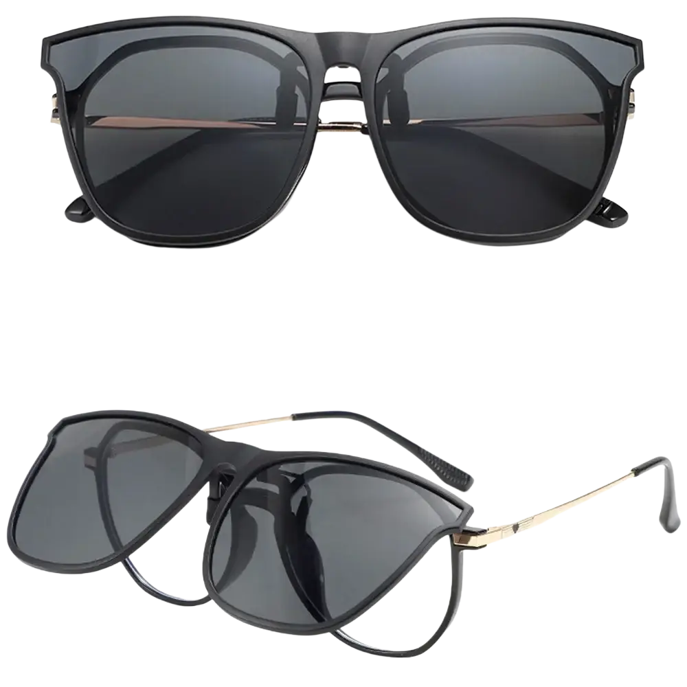 Men polarized clip on sunglasses with black frames dark gray lenses and gold tone metal temples uv400 square design