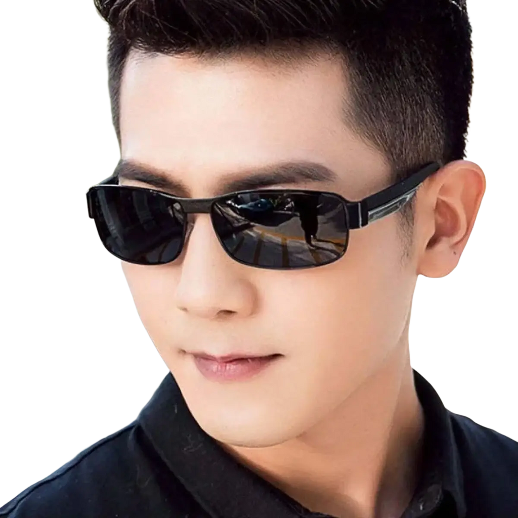 Men polarized rectangular sunglasses with black metal frame and dark mirrored lenses for modern style and glare reduction
