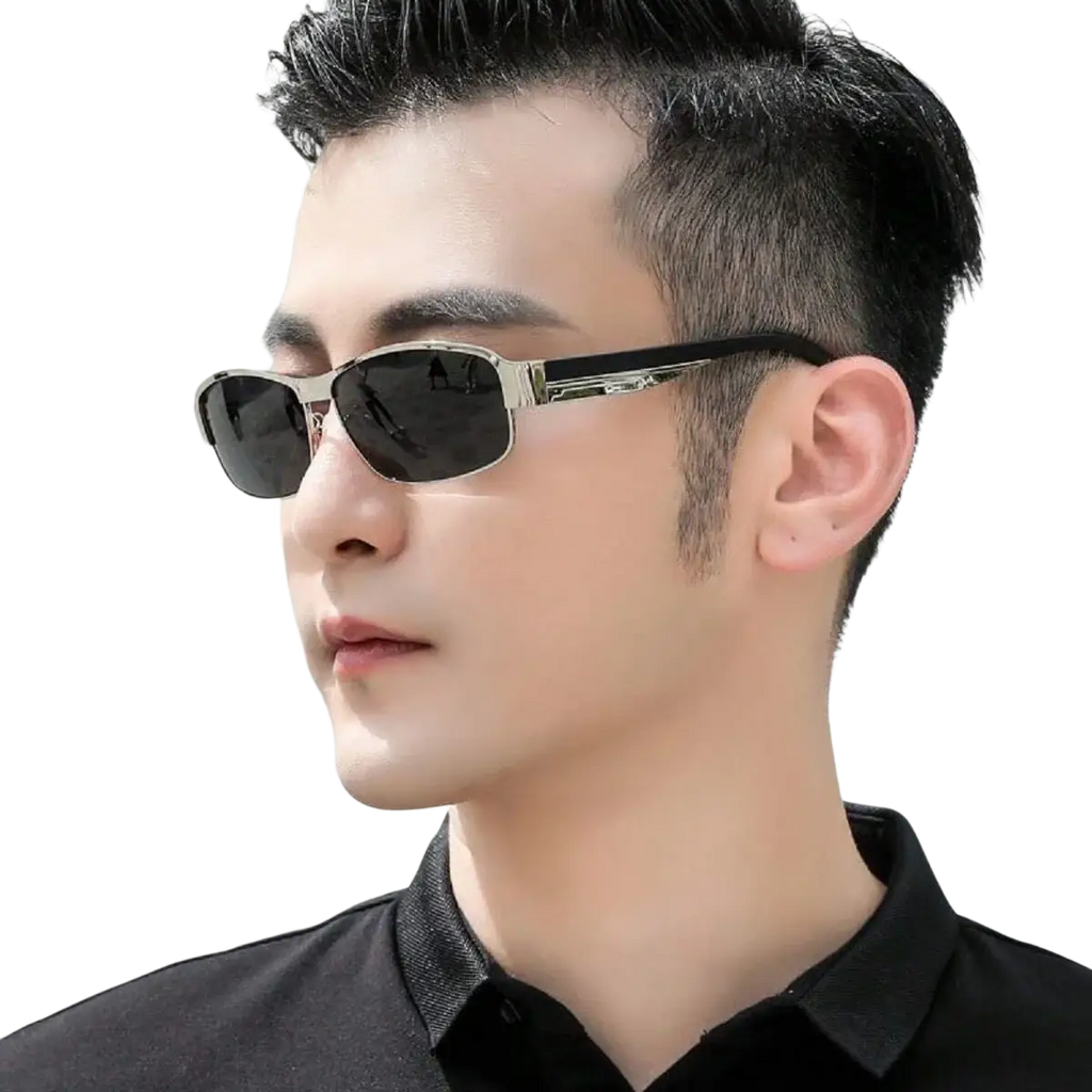 Men polarized rectangular sunglasses with black lenses and sleek silver metal frame for stylish sun protection