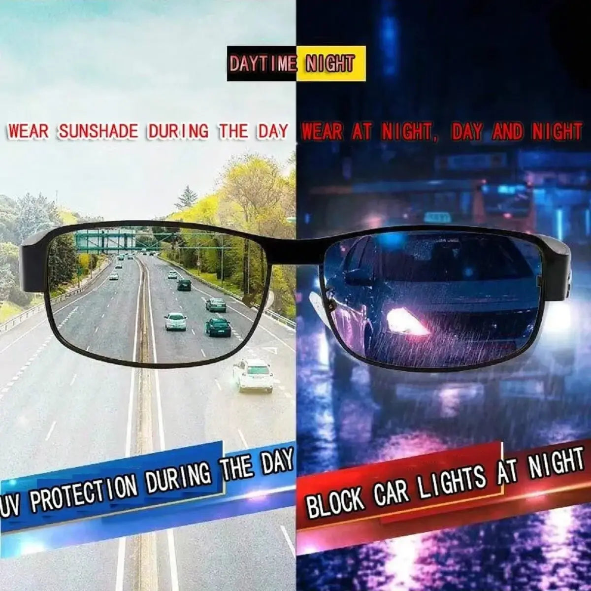 Men polarized rectangular sunglasses with black metal frame and reflective lenses blocking car lights and sun