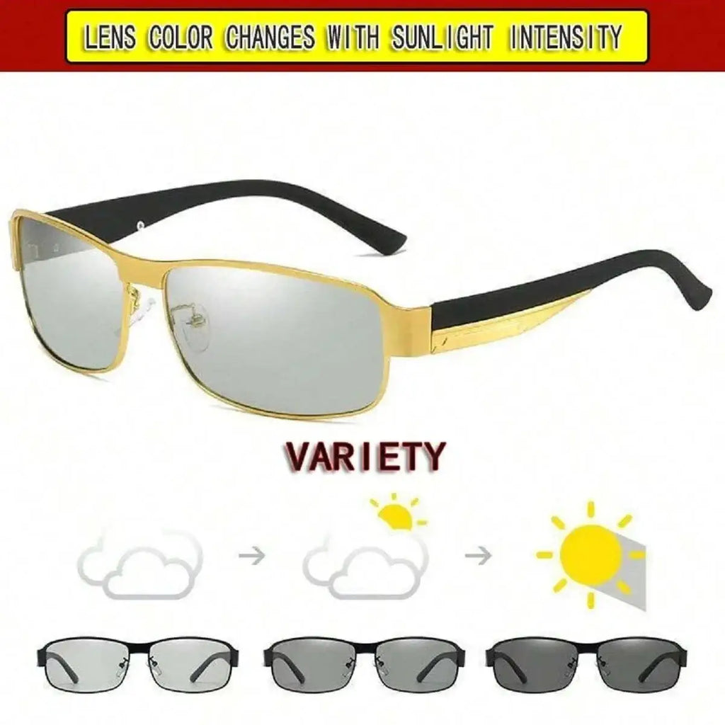 Men polarized rectangular sunglasses with gold and black metal frame and gradient lenses that change color in sunlight