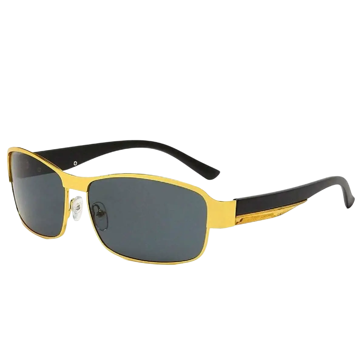 Men polarized rectangular sunglasses with gold metal frame, black temple arms, and dark gray lenses