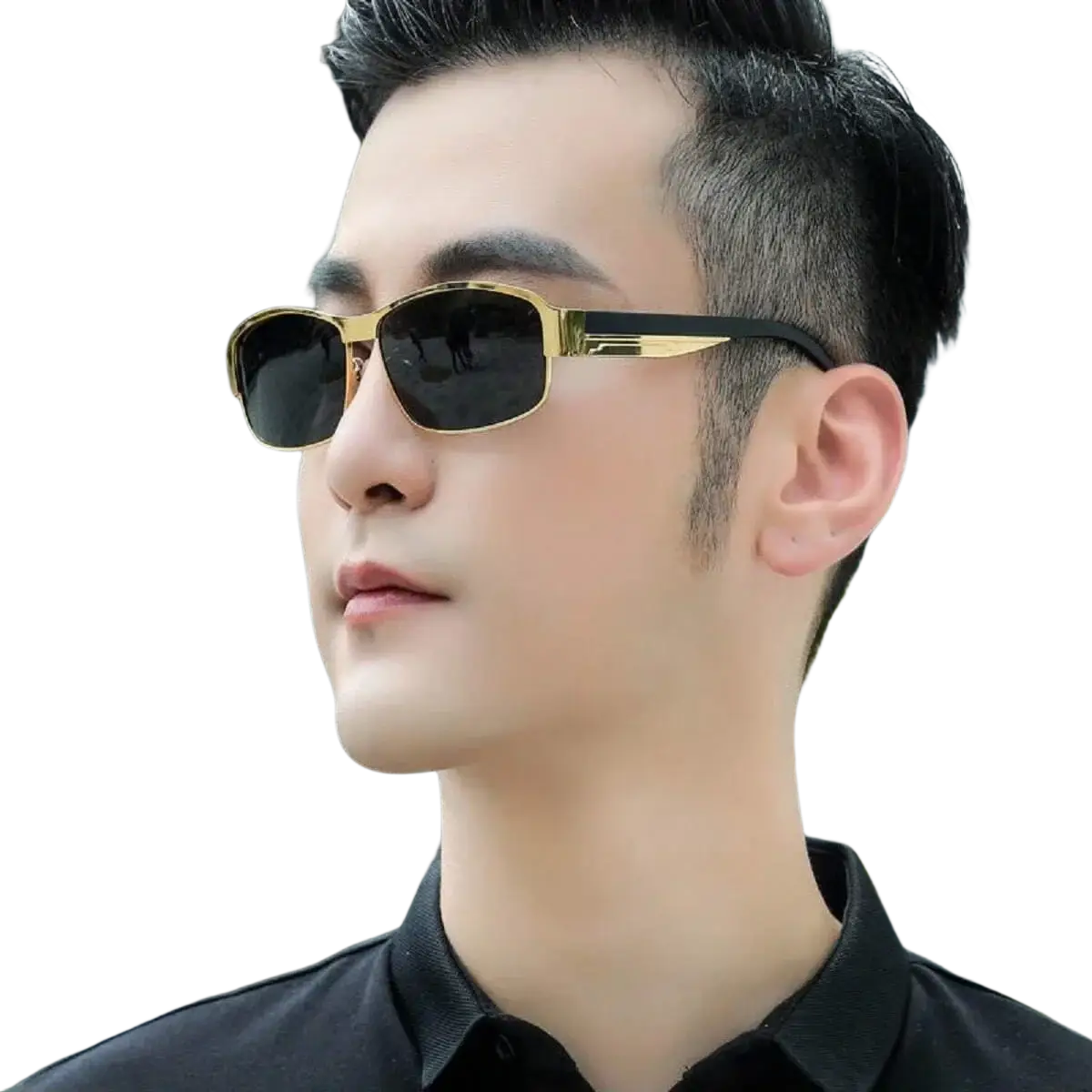 Men polarized rectangular sunglasses with gold-rimmed metal frame, dark lenses, and black temple arms