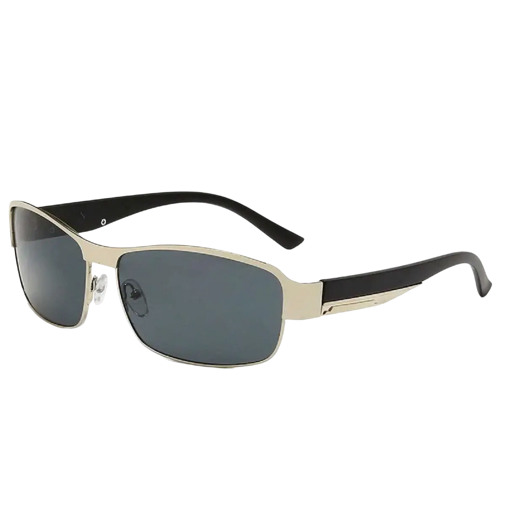 Men polarized rectangular sunglasses with silver and black metal frame and dark gray lenses