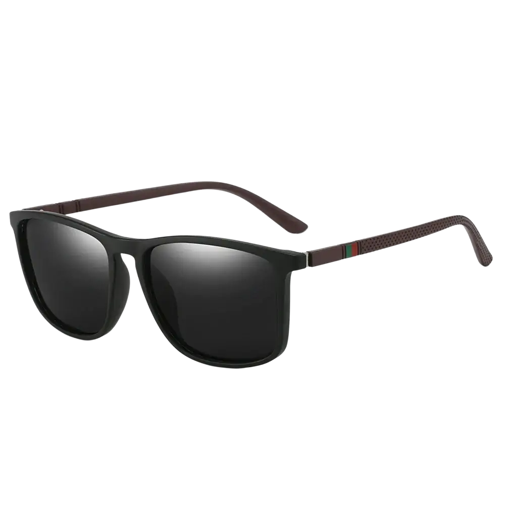 Men polarized square sunglasses uv400 with black rectangular frame, dark mirrored lenses, and brown textured temple arms with stripe detail