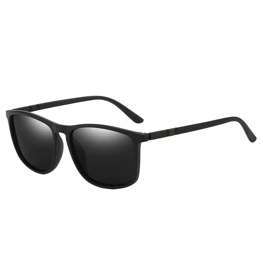 Men polarized square sunglasses uv400 with black matte rectangular frames and subtle carbon fiber texture on temples