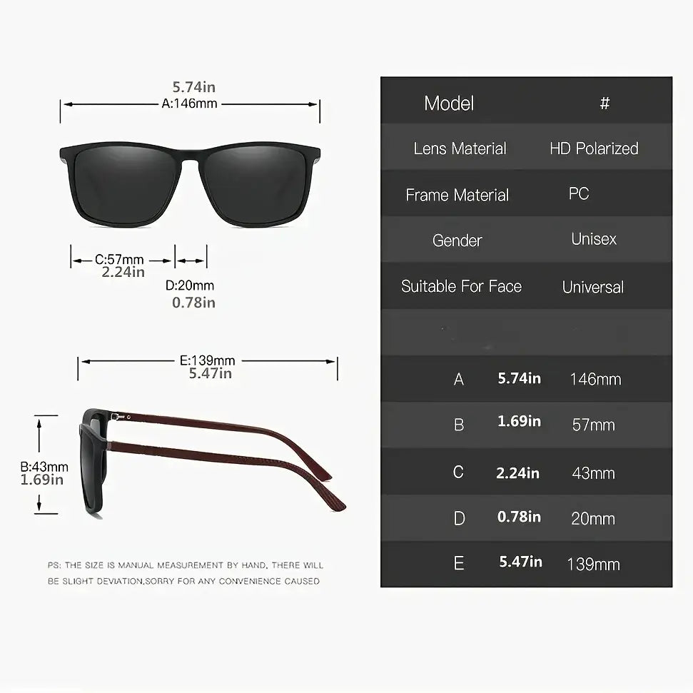 Men polarized square sunglasses with black pc frame and hd polarized lenses designed for universal fit and uv400 protection
